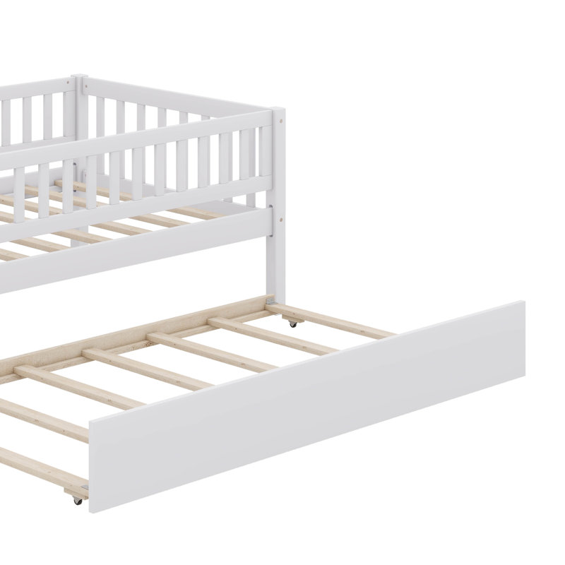 Lit de jour en bois rustique avec lit gigogne sous le lit et garde-corps de style barrière, Blanc