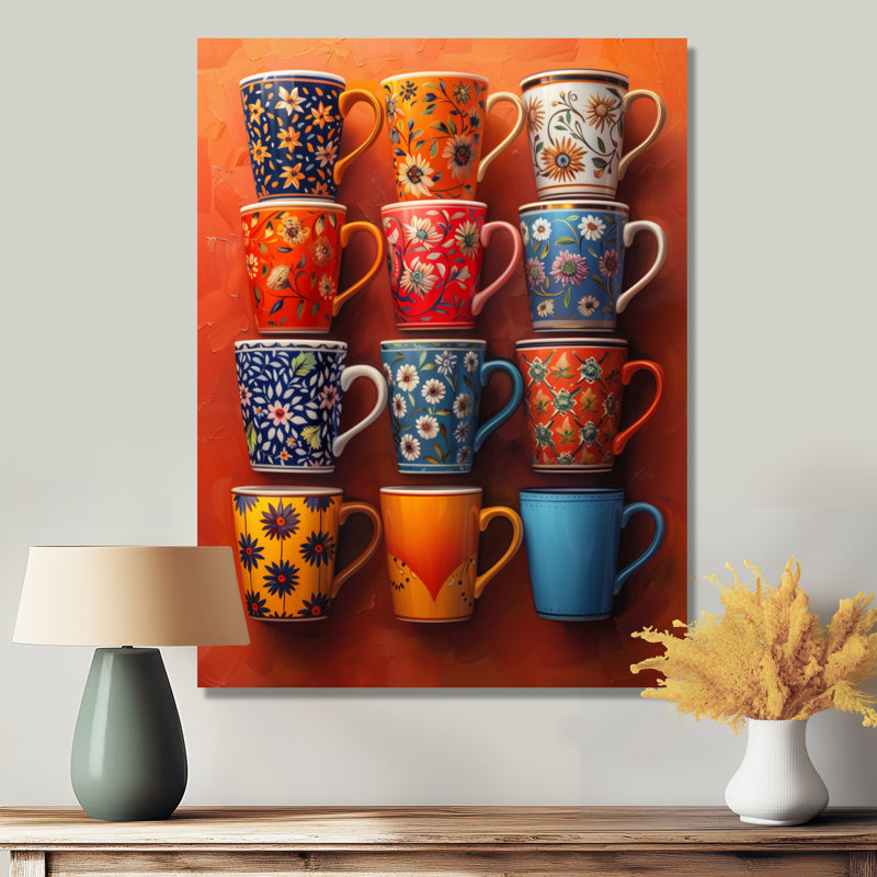Tasse de café rouge et bleu Boho Morning I - Coffee Wall Art Living Room, Toile tendue, H 24 po x l 32 po