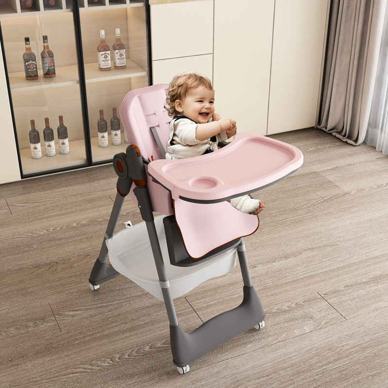 Chaise haute rose réglable de 0 à 6 ans, avec plateau en PP, inclinable à 3 positions, coussin en polyuréthane imperméable et sac de rangement pour repas