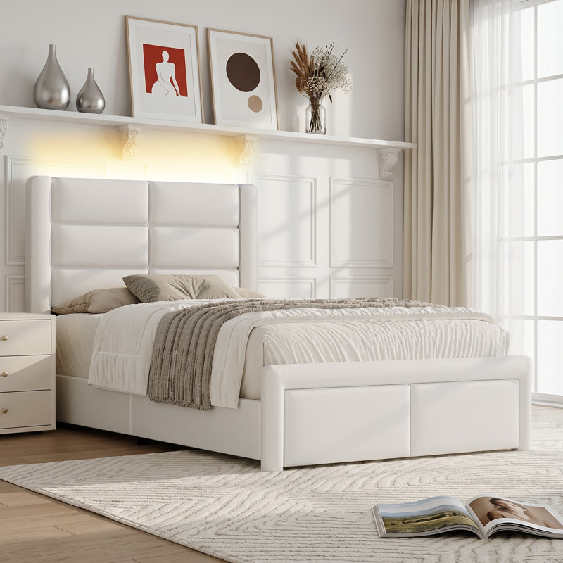 Faux Leather Upholstered Bed Frame with Headboard + 2-Drawer Nightstand with Charging Station, USB Ports & Outlets, Complete 3-Piece Bedroom Set