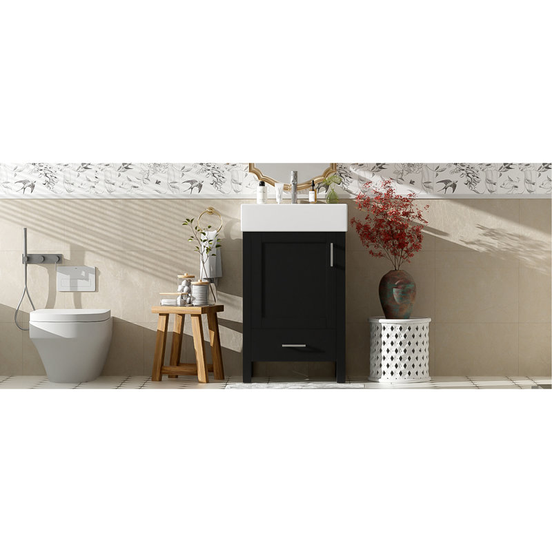 Meuble-lavabo moderne de 20,28 po avec lavabo en céramique, structure en bois massif et tiroir - idéal pour les petites salles de bain.