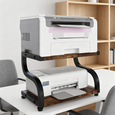 Support d'imprimante de bureau à 2 niveaux, support de rangement robuste en bois et métal avec tablette de rangement pour imprimante laser, copieur, fournitures de bureau dans de petits espaces