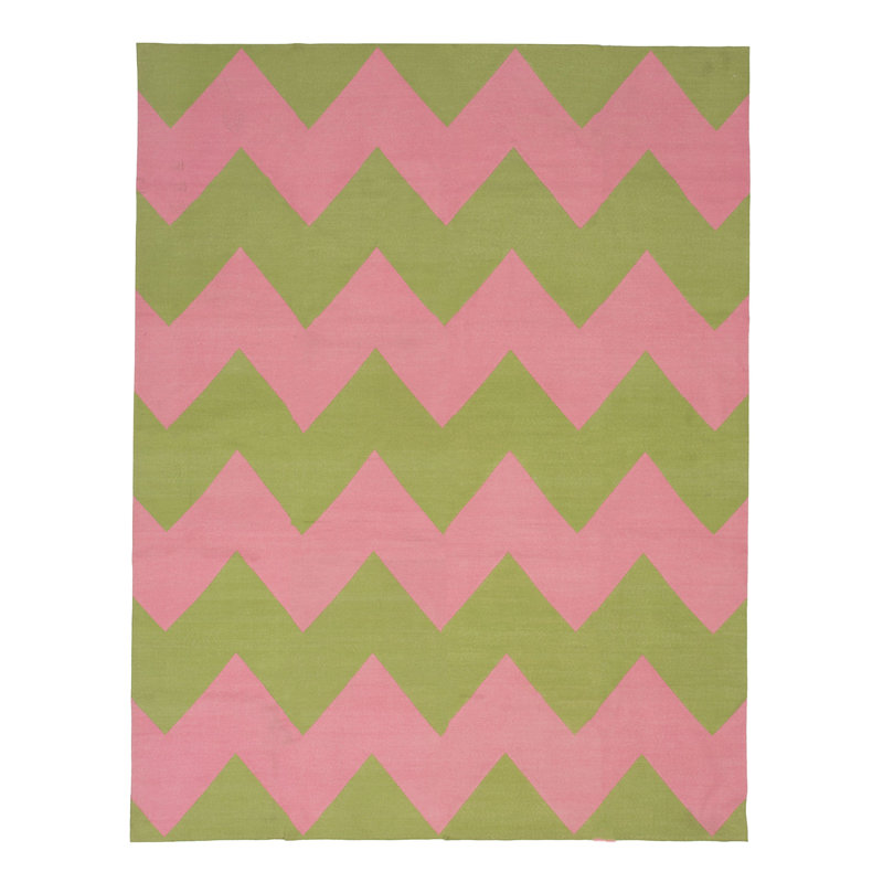 Pink & Green Chevron Dhurrie Cotton Rug - 8'10" x 11'10"