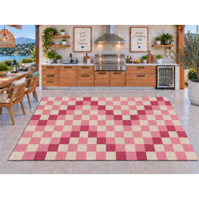 Tapis d'extérieur 5' x 7' à carreaux vichy rose et crème, épais, imperméable, en PVC bouclé, tapis de patio résistant, tapis intérieur/extérieur à séchage rapide pour cuisine, porche, terrasse, balcon, entrée.