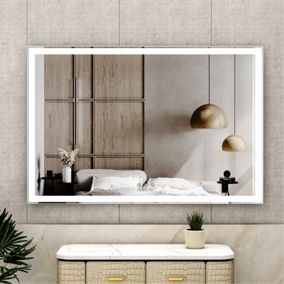 Grand miroir de salle de bain de 60 po x 40 po avec cadre à DEL, imperméable, robuste et en aluminium, 3 choix, système de gestion des fonctions tactile intelligent, miroir à DEL 60,22 x 39,44