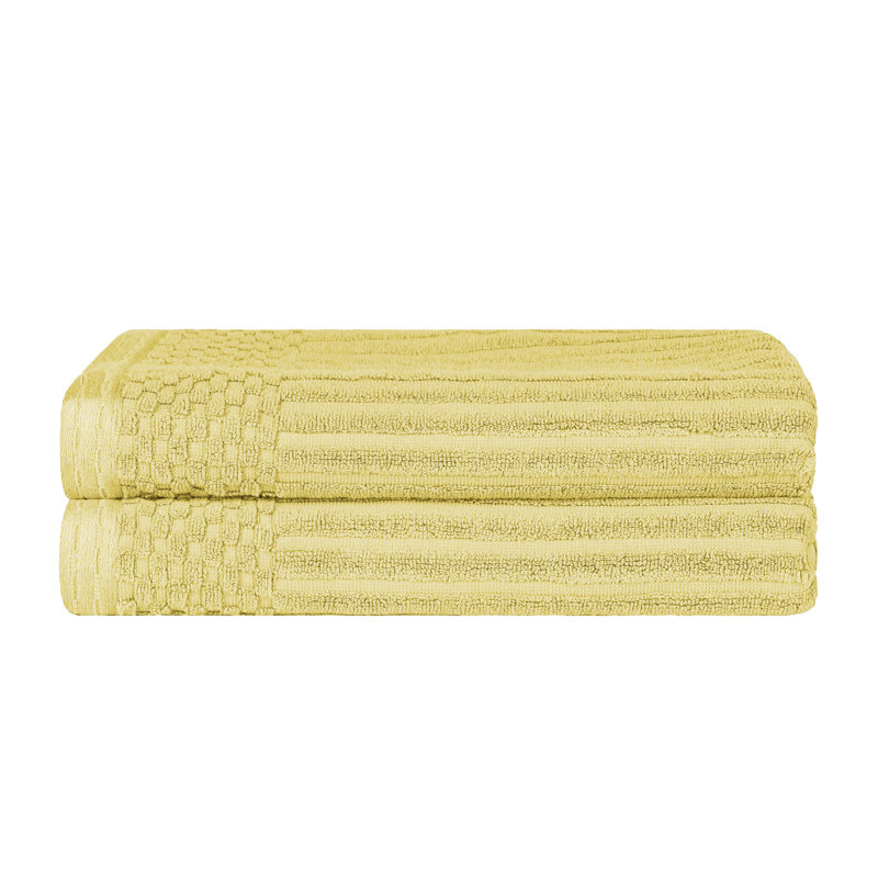 Ruvins Cotton Highly Absorbent Solid and Checkered Border Bath Towel Set, Yellow Gold