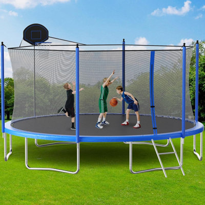 16FT Outdoor Trampoline With Basketball Hoop, Dual-Color Spring Cover, Safety Net & Ladder For Kids And Adults,Blue And Green