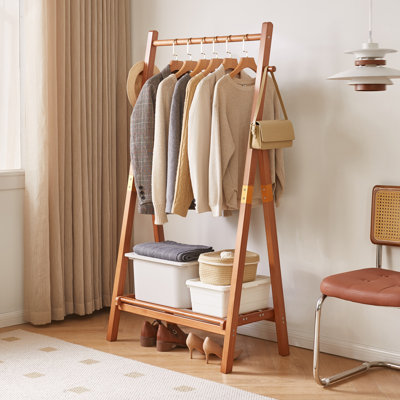 Solid Pine Wood Foldable Garment Rack with Bottom Shelf and Side Hooks