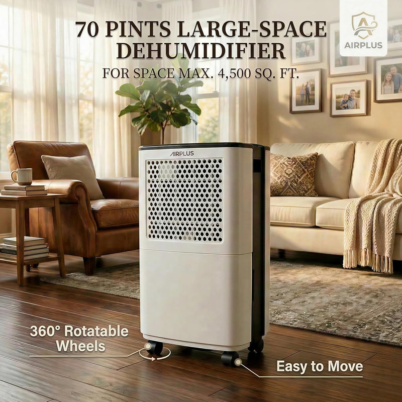 70 Pint Dehumidifier for Large Rooms – 4500 Sq. Ft, Basement & Bathroom with Drain Hose, Continuous Drainage & Intelligent Humidistat