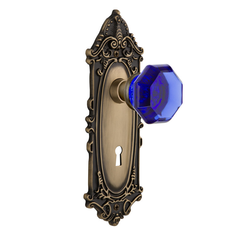 Plaque victorienne avec trou de serrure décoratif et bouton de porte Waldorf Cobalt, Laiton antique
