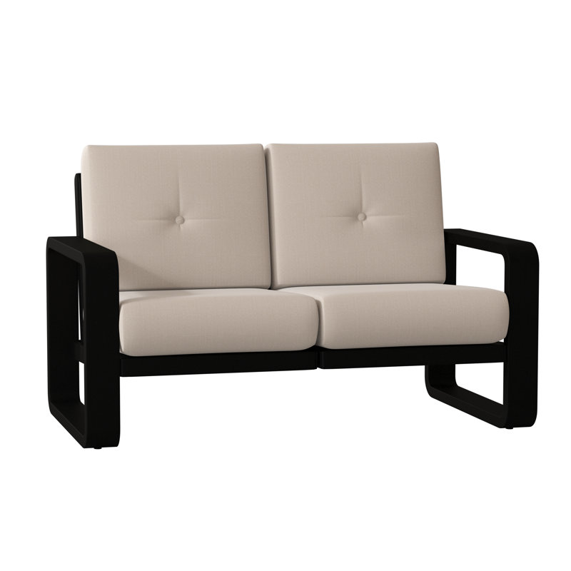 Vale 58.5'' Wide Aluminum Loveseat with Cushions, Linen Antique Beige Sunbrella®, Textured Black