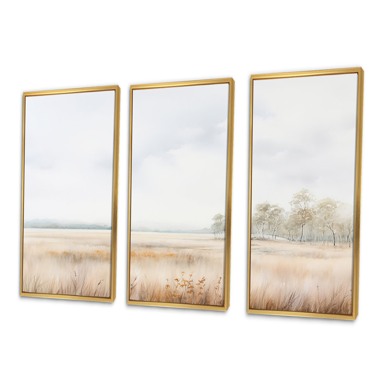 «Meadow Scenery Minimalisme», ensemble d'art mural prairie, Cadre flottant doré, H 40 po x l 60 po x P 1 po