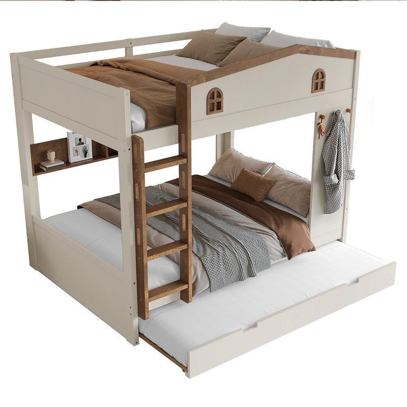 Lit superposé double au-dessus de double avec lit gigogne et tablettes de rangement, lits superposés en bois massif avec crochets, aucun sommier nécessaire, beige et naturel