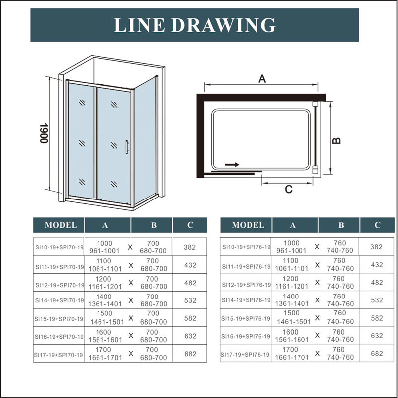 Deshawn Sliding Glass Rectangular Shower Enclosure - 1900 x 1200 mm