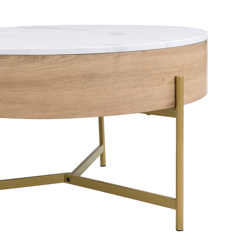Table basse à plateau relevable moderne avec rangement et 3 repose-pieds blanc et naturel, Doré
