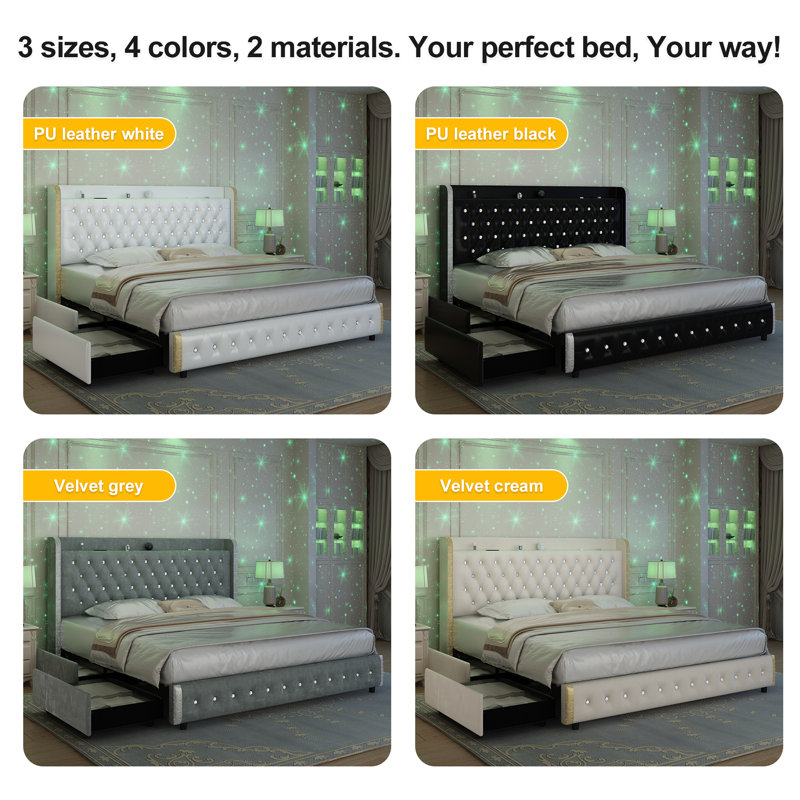 Wingback Modern Platform Bed With Galaxy Projector, 4 DustProof Storage Drawers, LED Bed Frame, USB Ports, No Box Spring Needed & Noise-Free Sturdy Wood Slats, Kiarri