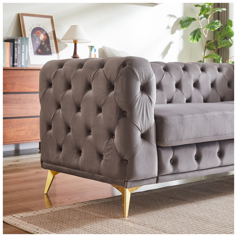 Canapé en velours de luxe 61,25 pouces avec boutons Chesterfield capitonnés avec 2 coussins et pieds en métal