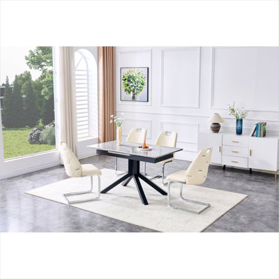 Table de salle à manger extensible pour 6 personnes, plateau en panneau de fibres à densité moyenne gris ardoise, base en métal géométrique