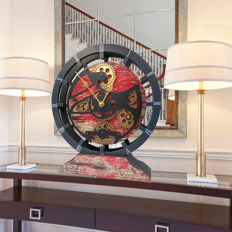 Mantel Clock 16" Round for Living Room decor with Real Moving Gears transformable into a Wall Clock (detachable base) Canada Collection