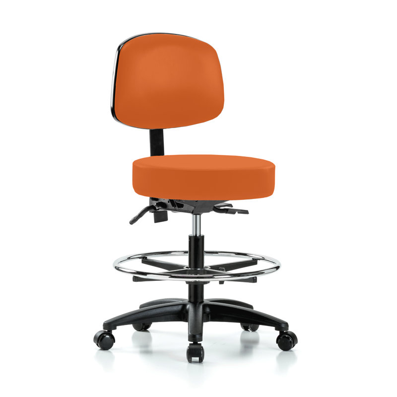 PERCH Walter Height Adjustable Doctor's Stool with Back and Foot Ring | Medium Bench Height 21-28.5", Orange Kist Vinyl