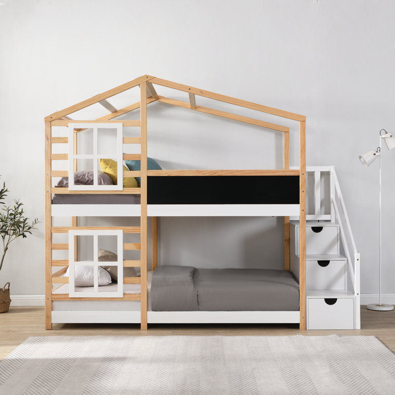 Twin Over Twin Bunk Bed House Bed With Roof Windows Blackboard And Storage Ladder Platform Bed, Space-saving,  Quiet Design, Suitable  White+natural