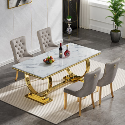 Luxury 68" Dining Table Set for, White Faux Marble Dining Table with Velvet Dining Chairs, Modern Kitchen Table and Chairs Set, Luxury Dining Table Set for Kitchen Dining