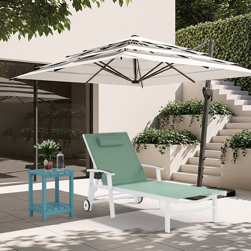 Outdoor Patio Adjustale Chaise Lounge Chair With Wheels And Armrests, Light Green