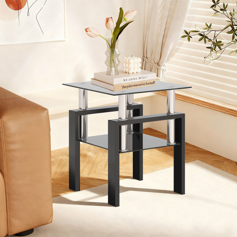 Table de bout moderne en verre avec tablette, table d'appoint pour le salon, chambre à coucher, Noir, Noir