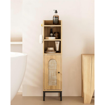 Bathroom Storage Cabinet, Small Corner Floor Hutch With 2 Hooks, Narrow Toilet Paper Cabinet With Rattan Door, Bathroom Organizer With Adjustable Shelf For Small Spaces, Oak