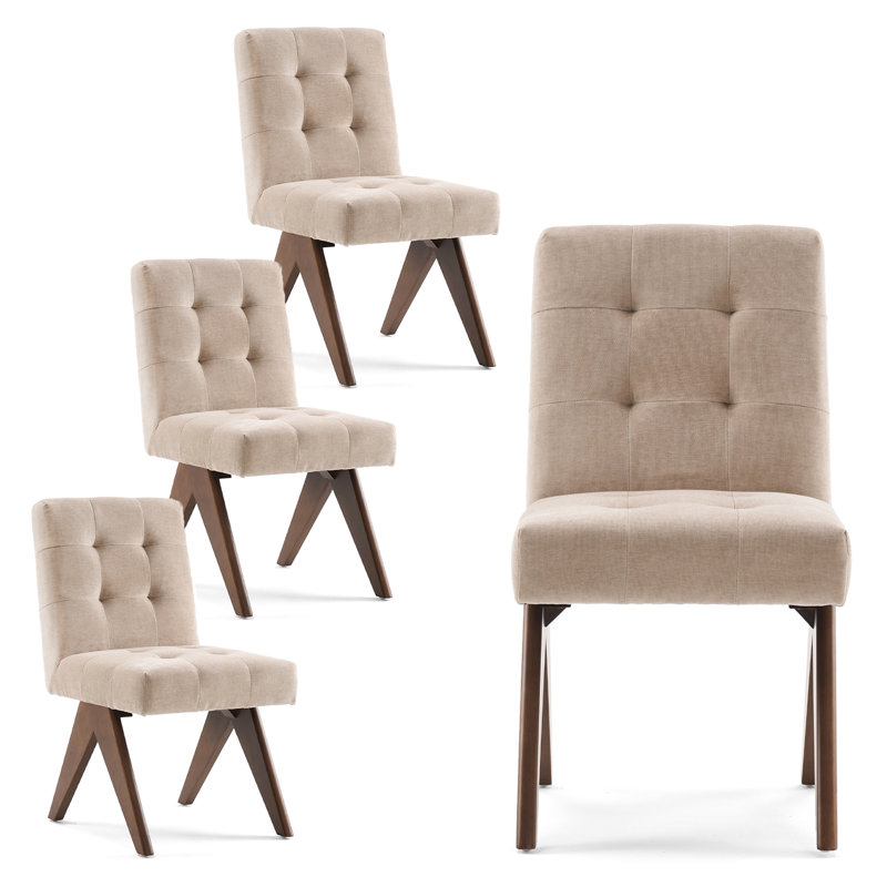 Turfed Linen Upholstered Dining Chair Armless Parsons Side Chair With Solid Wood Legs, Light Khaki