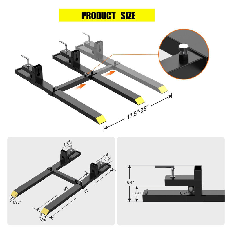 Heavy Duty 43" Clamp-On Pallet Forks for Tractors and Skid Steers – 2000 lbs Capacity – Adjustable Stabilizer Bar – Loader Bucket Compatible – Ideal for Material Handling