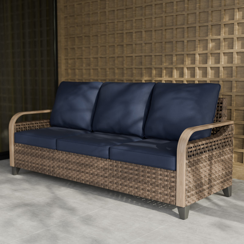 77.6'' Wide Outdoor Loveseat with Cushions, Wicker Outdoor Patio Sofa, Blue
