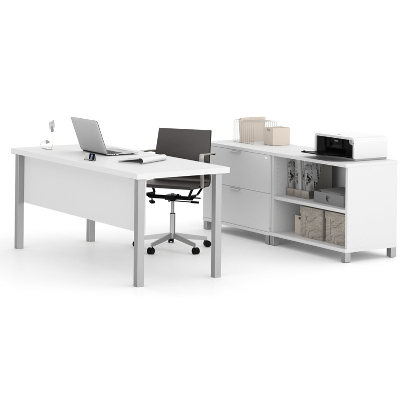 Ensemble de bureau Oriano avec pieds en métal, Blanc, 2 pièces (bureau à hauteur ajustable, crédence)