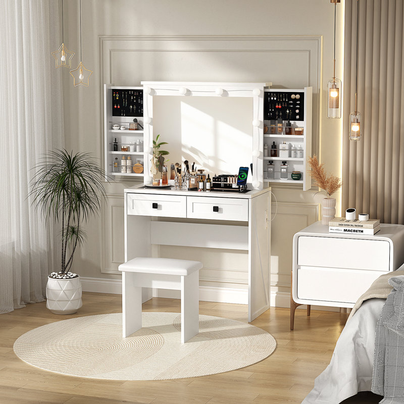 Daviyon Farmhouse Vanity With Sliding Storage And Glass Top, White