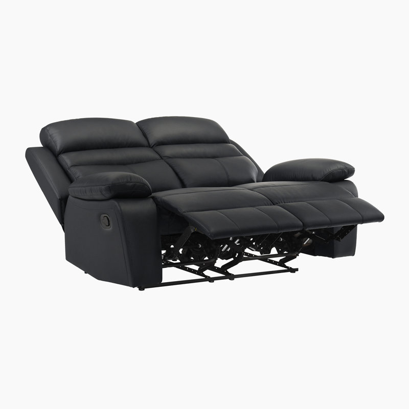 Kaniel 64" Modern & Contemporary Top Grain Leather Manual Double Reclining Loveseat with Plush Pillow Top Armrests, Black