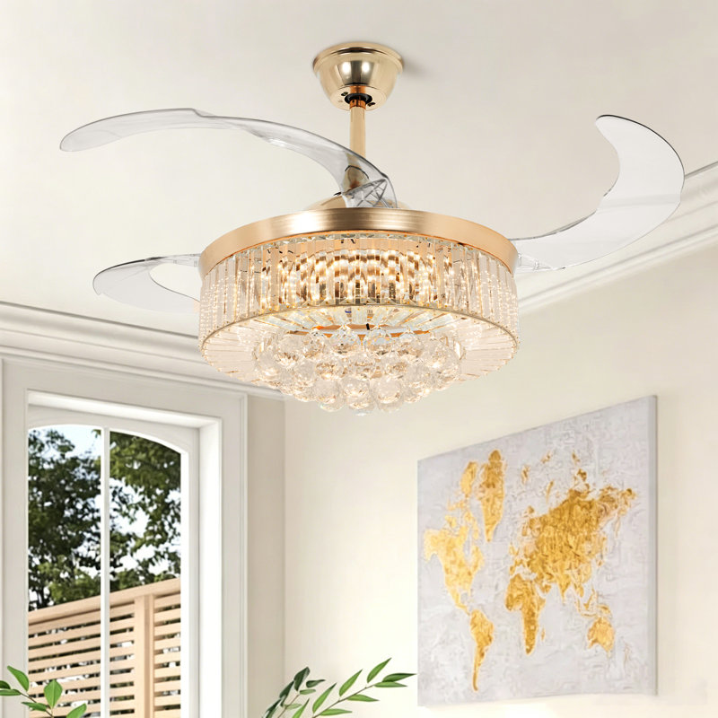 Gold Luxury Remote Control Three-Color Light-Changing Ceiling Fan Light Suitable For Living Room, Dining Room And Bedroom