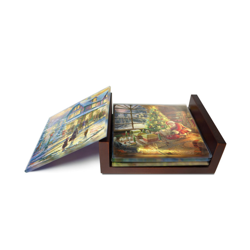 (Symboles) Ensemble de sous-verres en verre Starfire, Thomas Kinkade / Lionel Train Noël