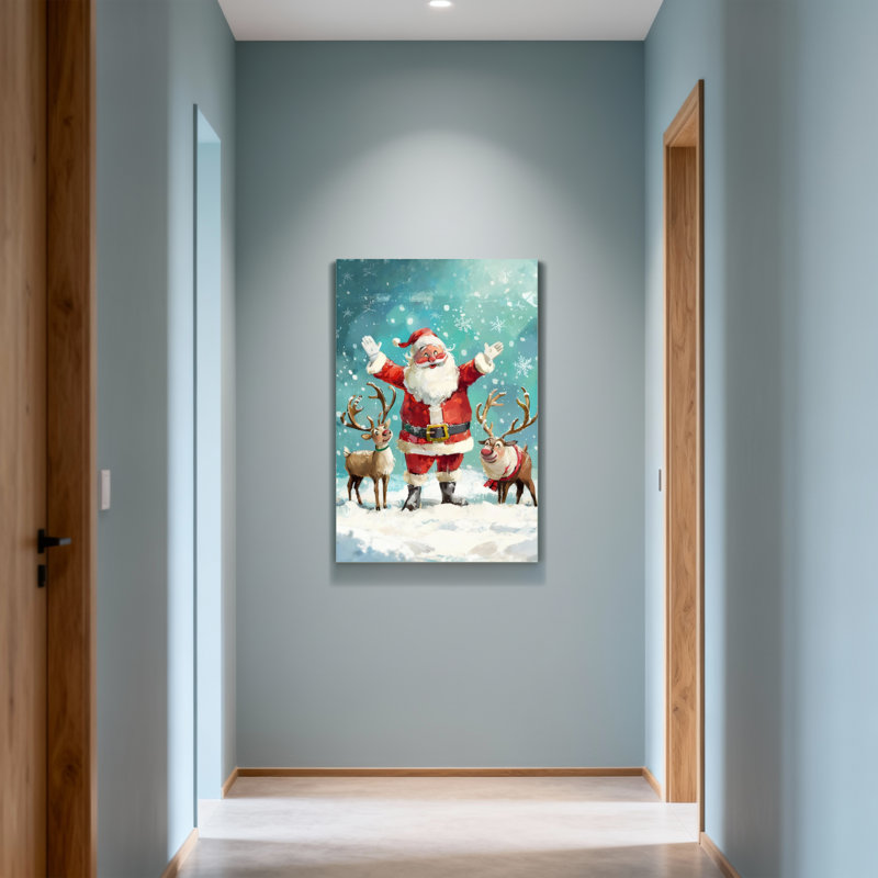 Noël père Noël avec des rennes dans la neige, H 24 po x l 16 po
