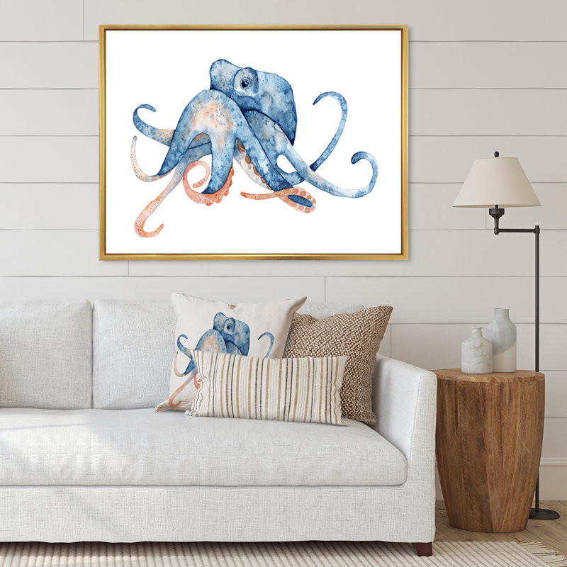 Pieuvre bleue sur blanc - reproduction sur toile, H 34 po x l 44 po x P 1,5 po, Cadre photo doré