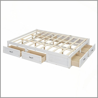Queen Size Platform Bed with 6 Storage Drawers, Antique White