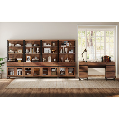  Office Furniture Set: 59In Modern Executive Desk With Charging Station & Drawers And Four 72In Tall Bookcases With Storage Cabinet, Home Office Furniture For Work Study