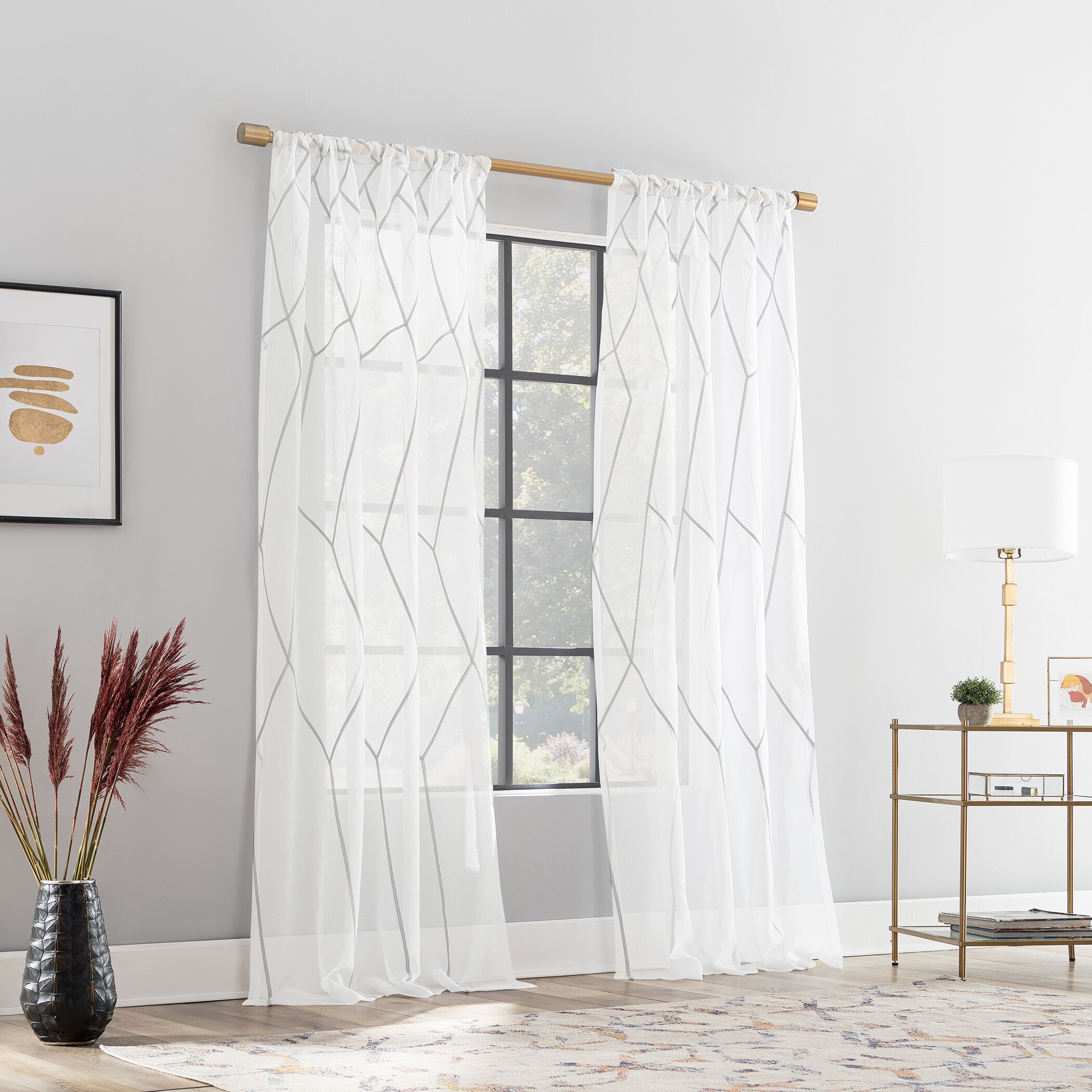 Scott Living Azlan Geometric Embroidery Sheer Rod Pocket Curtain