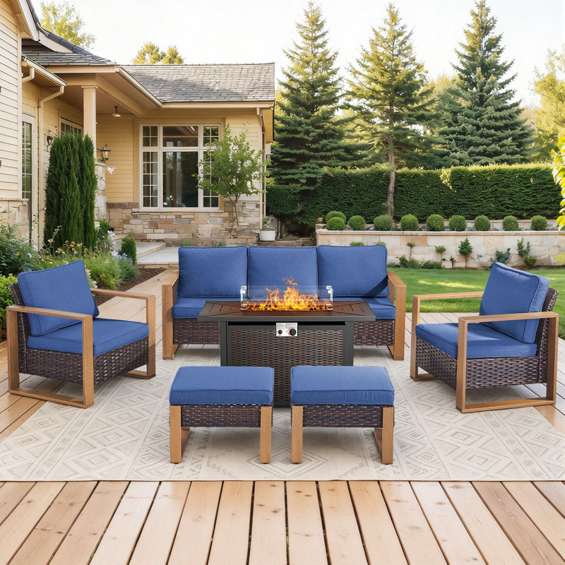 Drazen 7 - Person Patio Furniture Set With Fire Pit Table, All-Weather Wicker Outdoor Conversation Set With Chair And Thick Cushions