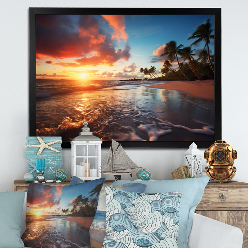 «Beach Photo Sunset Serenade», reproduction d'art sur toile encadrée, Cadre simple noir, H 30 po x l 40 po x P 1,5 po
