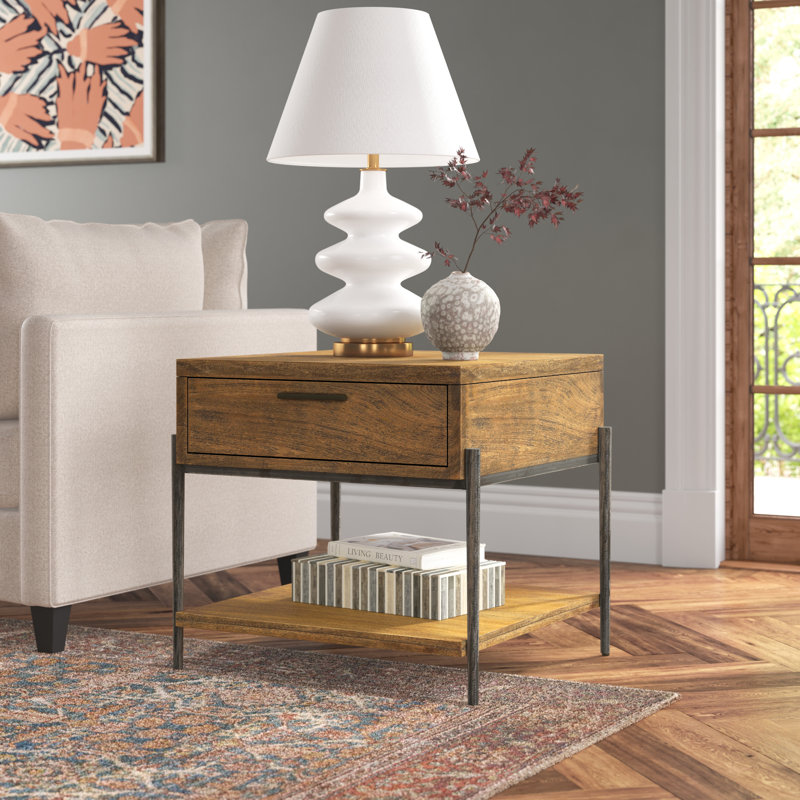 Transitional Brown Mango Wood and Metal End Table with Storage