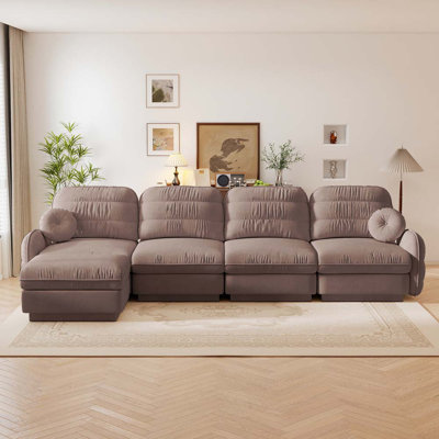 137" Wide Modern Cloud Sofa 4-Seater, Chenille with Quilted Backrest, with Movable Ottoman for living room, Rose Dust