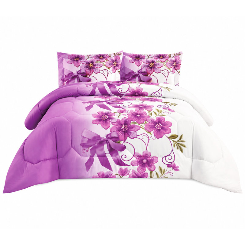 Printed Bedspreads 3 Piece Trendy Purple Comforter Bed Throw with Matching Pillow Shams, King Bedspread + 2 Standard Shams