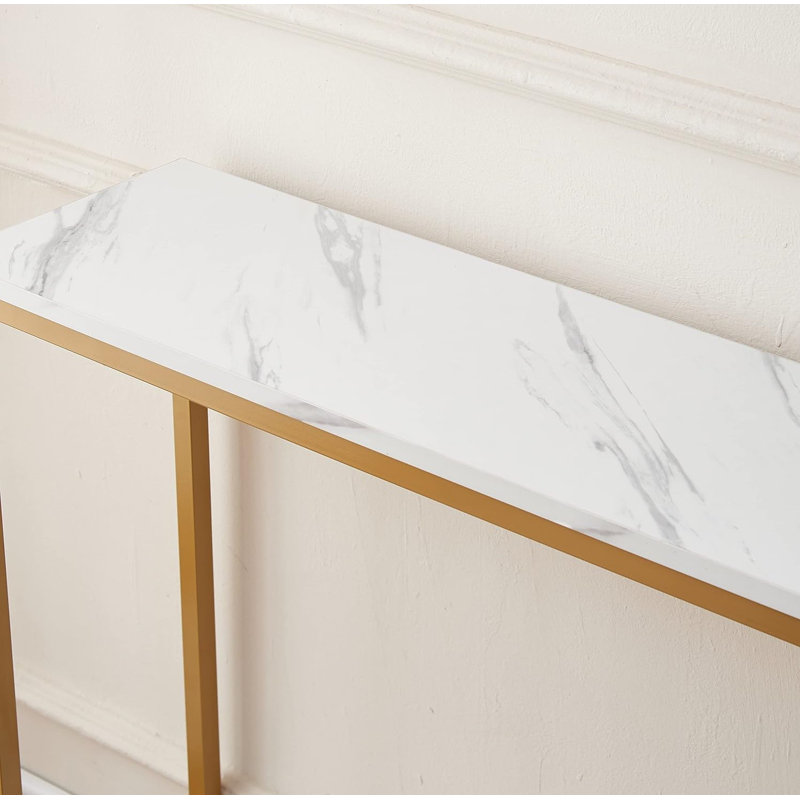 White Faux Marble and Gold Metal Double Layer Console Table