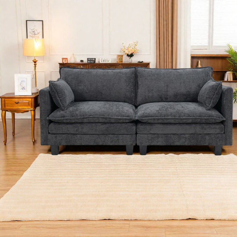 Canapé 2 places moderne en chenille noire avec ports USB, canapé compact pour la maison, Noir