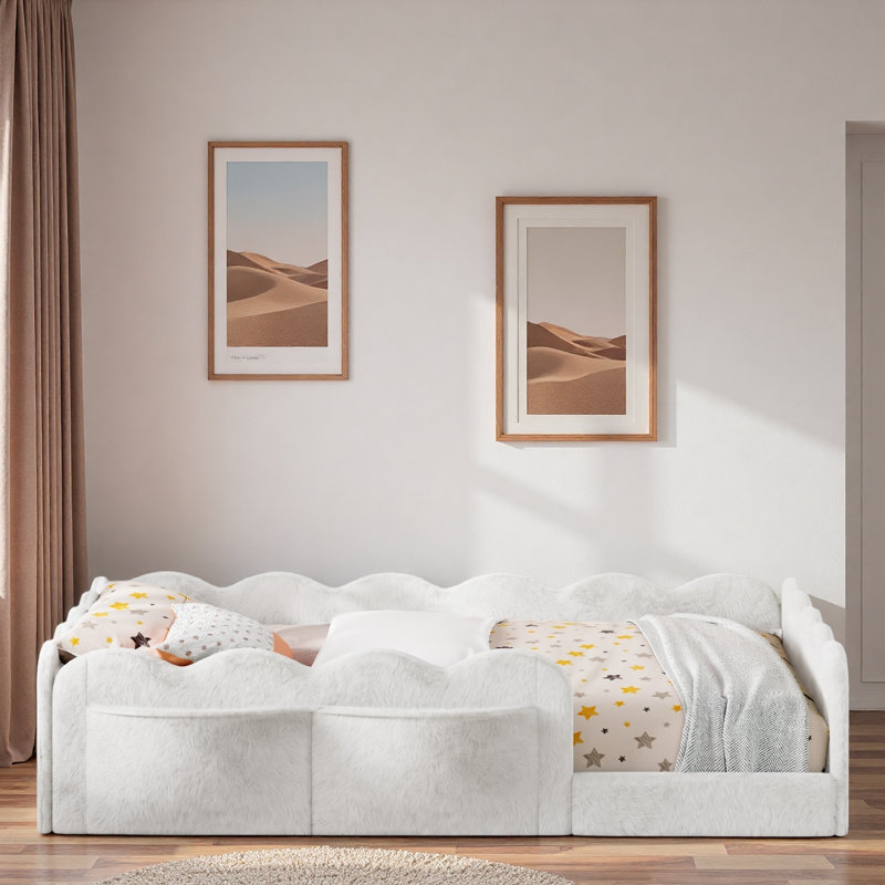 Lit rembourré pour enfants avec garde-corps en forme de vague et poches de rangement latérales, Lit simple, Blanc